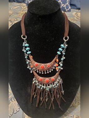Source Unknown Brown Fringe Necklace with Red & Turquoise Accents